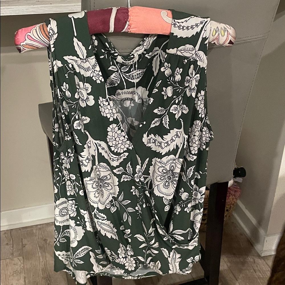 Elegant Floral Wrap Blouse in Green and White